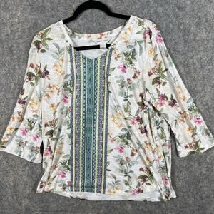 CJ Banks Boho Peasant Top Tunic Sz LG Floral Print Pom Poms 3/4 Sleeves